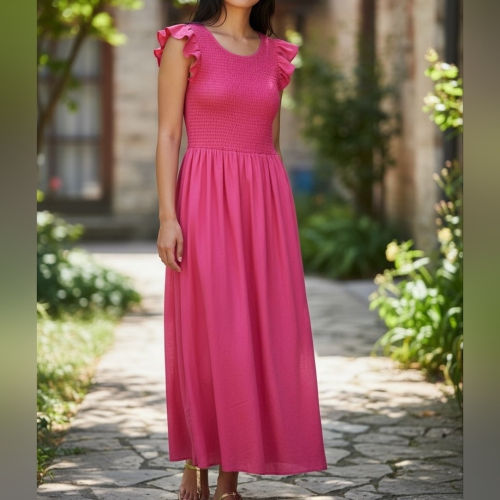 MELLODAY Pink Smocked Ruffle Sleeve Maxi Dress M